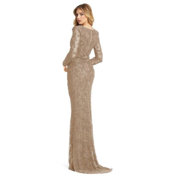 Mac duggal long sleeve sequin beaded sheath gown in mocha style 5177 size 6 - Picture 2 of 16